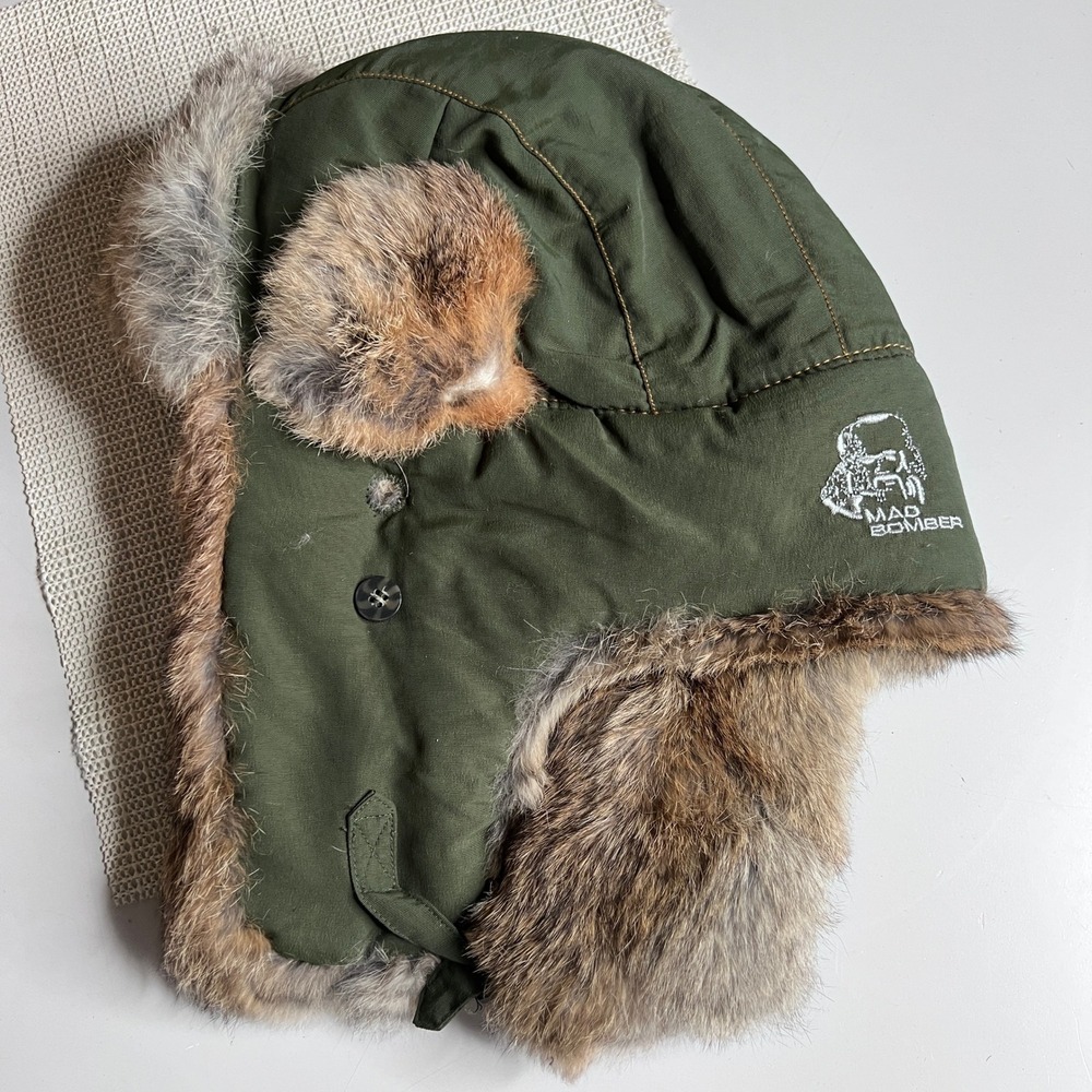 Mad Bomber Trapper Hat Large‎ Olive Green Genuine Rabbit Fur Trim Nylon Aviator